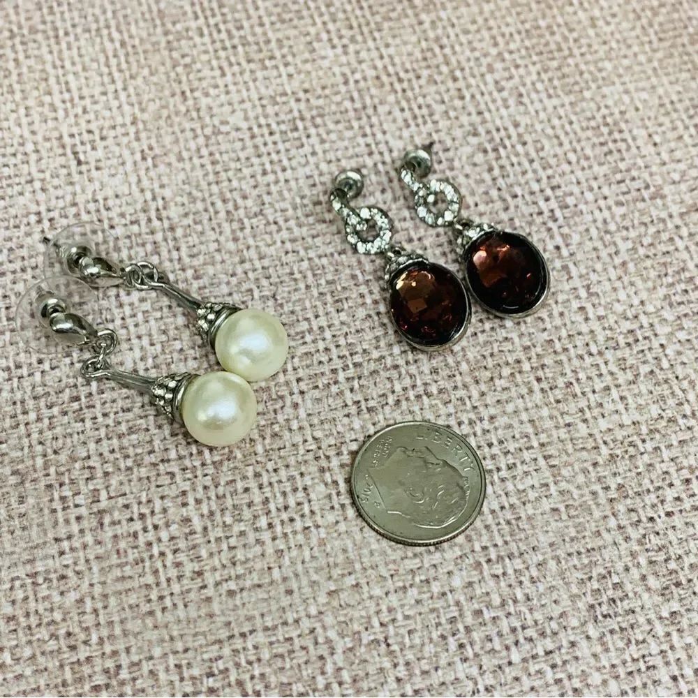 Silver Pearl and Purple Crystal Dangle Earrings